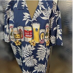 Winnie Fashion Tropical Blue Hawaiian Shirt with Leaf and Drink Print